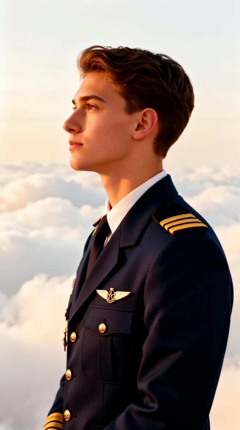 A young uniformed cadet pilot looking toward the horizon