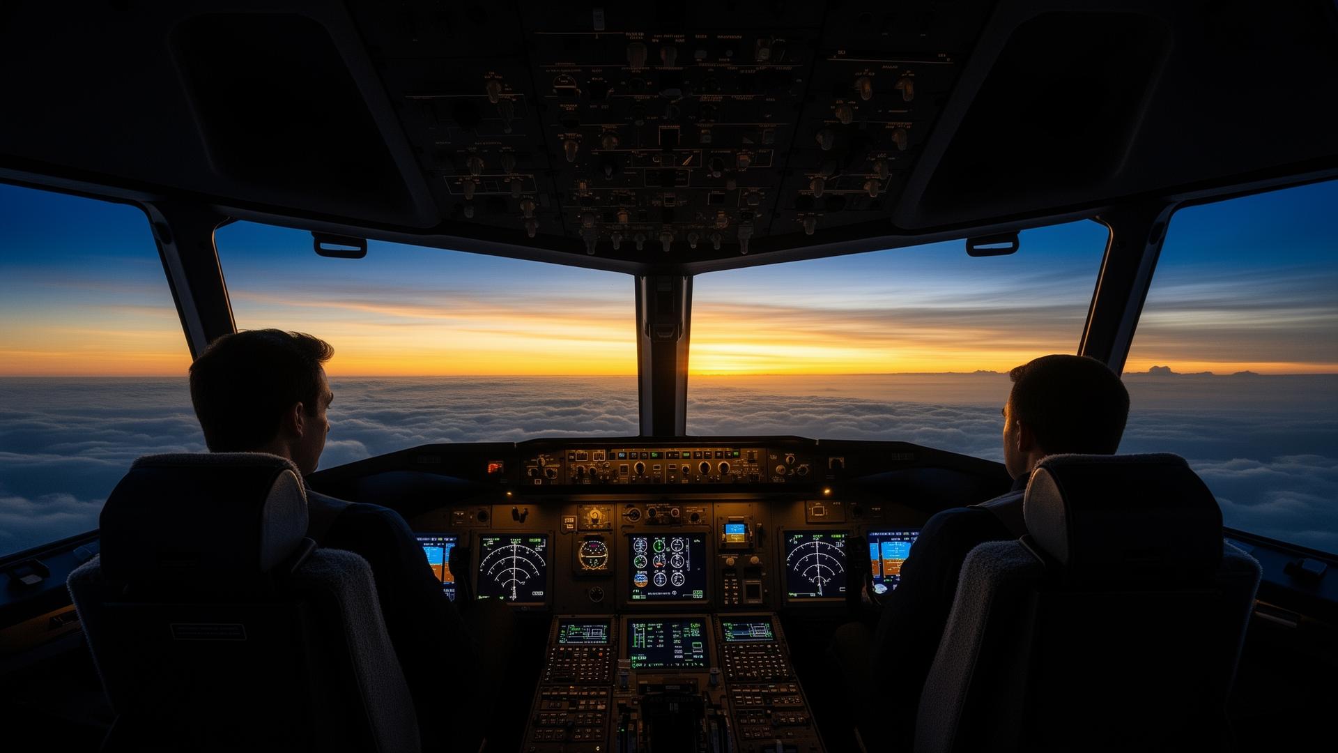 Pilots in a cockpit at dawn looking out over the horizon